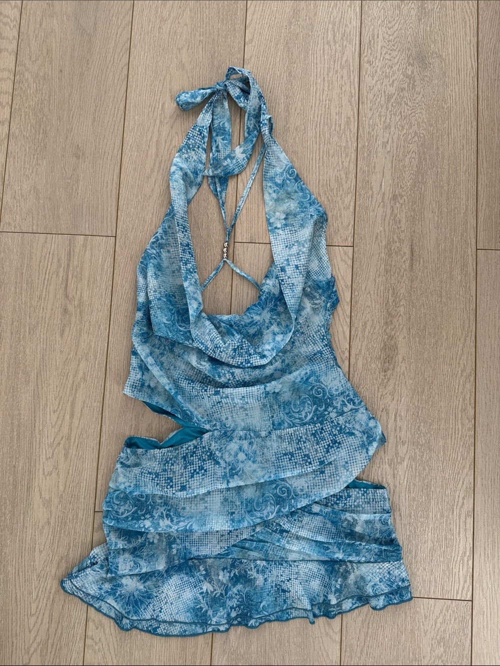 Blue Halter Ruffle Mini Dress with Tie Neck